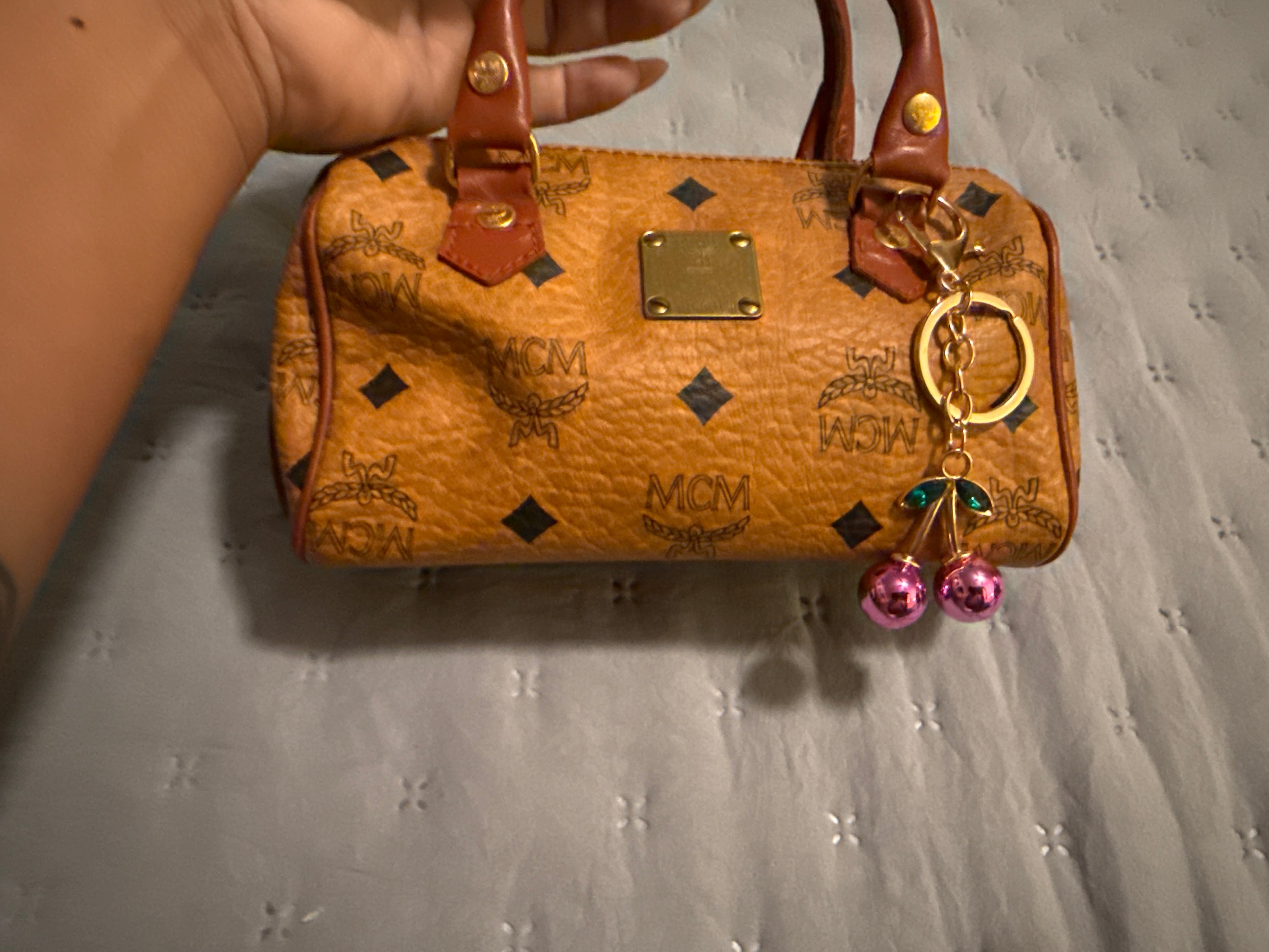 Metallic pink cherries keychain/bag charm